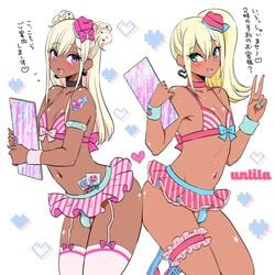 2boys androgynous balls_in_panties bimbo blonde_hair bra bulge crossdressing dark-skinned_femboy dark-skinned_male dark_skin eyeshadow femboy feminine_male ganguro garter girly gyaru gyaru-oh gyaru-oh_femboy heart_earrings japanese_text legwear lollipop male_only mascara microskirt nagano_rira nail_polish original otokonoko panties panty_bulge penis_bulge penis_in_panties penis_under_skirt ronako_(nagano_rira) serako_(nagano_rira) skirt tagme testicle_bulge text translated trap v