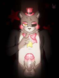 animatronic anthro bear big_penis bowtie closet five_nights_at_freddy's fluffy freddy_fazbear's_pizzeria_simulator grin hornbunxx humanoid_penis lefty_(fnaf) looking_at_viewer male male_only precum precum_drip simple_background solo thick_penis top_hat veiny_penis yellow_eyes