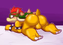 2020 3_toes anthro armband ass backsack balls beige_scales big_butt black_armband black_bracelet bowser bracelet bubble_butt claws genitals grabbing_sheets gradient_background green_body green_scales hair hi_res jewelry koopa looking_back male male_only mario_(series) nintendo nude overbite purple_background raised_tail red_eyes red_hair scales scalie sharp_teeth shell simple_background solo spiked_armband spiked_bracelet spikes spikes_(anatomy) teeth toe_claws toes ultilix video_games white_claws yellow_balls yellow_body yellow_scales