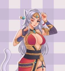 1girls 2d :3 accessory armwear big_breasts blue_eyes blush blush_lines blushing_at_viewer breasts busty cat_ears cat_girl cat_tail catgirl cleavage curvy cute dress eye_contact female female_focus female_only hi-rez_studios large_breasts lian_(paladins) light-skinned_female light_skin looking_at_viewer nail_polish one_eye_closed painted_nails paladins raripop red_nails sideboob silver_hair simple_background smile smiling smiling_at_viewer solo solo_female solo_focus tagme tail thighs voluptuous wink winking winking_at_viewer