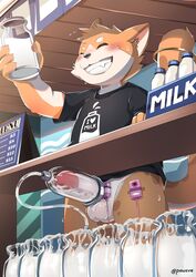 anthro bodily_fluids chibi cub cum cum_in_bottle cum_on_testicles fangs femboy furry genital_fluids genitals highres humanoid_genitalia humanoid_penis male male_only pawsve penile penis penis_milking penis_milking_machine sex_toy smile solo testicles twink under_the_table young