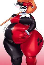 1girls batman:_the_animated_series batman_(series) bbw big_ass big_belly big_breasts blue_eyes cookies-cat dc_comics dcau domino_mask face_paint fat harley_quinn jelly_belly lipstick plump solo spandex ssbbw tagme tall thick_thighs wink