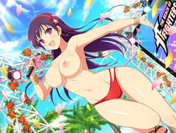 1girls :d alternate_breast_size areola athena_asamiya big_breasts bikini bikini_top_removed breasts casual_exposure clouds dutch_angle earrings female flower highres jewelry king_of_fighters large_breasts long_hair microphone navel nipples open_mouth petals purple_eyes purple_hair red_bikini senran_kagura senran_kagura_new_wave shiny_skin sky smile solo stage thighs third-party_edit tongue topless yaegashi_nan