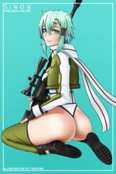 asada_shino big_ass green_eyes green_hair gun gun_gale_online sinon sword_art_online the_atko