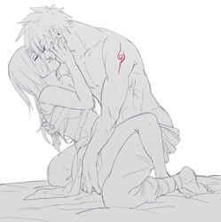 1boy 1girls arm_tattoo bandages barefoot bed bed_sheet carrying closed_eyes clothing facepaint female hatake_kakashi kneeling long_hair male monochrome nap_nsfw naruto naruto_(series) naruto_shippuden nohara_rin on_bed pants partially_clothed passionate sex shirtless short_hair simple_background sitting skirt spread_legs straddling tattoo topless white_background