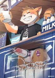 anthro bodily_fluids chibi cub cum cum_in_bottle cum_on_self cum_on_testicles femboy furry genital_fluids genitals highres humanoid_genitalia humanoid_penis machine male male_only milk_bottle milking_machine pawsve penile penis penis_milking sex_toy smile solo testicles twink young