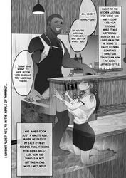 1boy 1girls big_penis censored cheating cuckold dark-skinned_male dark_skin english_text fellatio female interracial kneeling large_breasts male manga_page rasson text