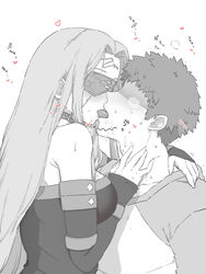 arm_around_neck arm_warmers banned_artist bare_shoulders blindfold blush breasts buckle choker dress emiya_shirou fate/stay_night fate_(series) french_kiss heavy_breathing highres kissing large_breasts long_hair male medusa_(fate) mo_(kireinamo) raglan_sleeves saliva shirt short_hair straight strapless strapless_dress sweat tongue