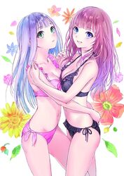 2girls aqua_eyes atelier_(series) atelier_lulua bangs bare_arms bare_shoulders bikini black_bikini blue_eyes blue_hair breasts cleavage collarbone elmerulia_fryxell eyebrows_visible_through_hair floral_background frilled_bikini frills halterneck hug kishida_mel leaf long_hair looking_at_viewer medium_breasts mother_and_daughter multiple_girls navel official_art open_mouth petals pink_bikini red_hair rororina_fryxell shiny shiny_hair side-tie_bikini simple_background smile stomach string_bikini swimsuit thighs white_background