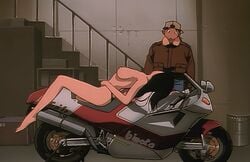 1boy 1girls 90s animated basement black_hair breasts golden_boy kintaro_oe long_hair lying_down motorcycle nipples oldschool panties reiko_terayama retro topless vintage