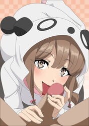 1boy atelier_gons azusagawa_kaede blush brown_eyes brown_hair censored fellatio female hair_between_eyes hands_on_penis licking_penis looking_at_viewer male_pov medium_hair mosaic_censoring oral pajamas penis pov seishun_buta_yarou_wa_bunny_girl_senpai_no_yume_wo_minai