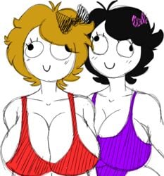 2girls big_breasts black_hair blonde blonde_hair breasts busty cleavage clothing derp_eyes derpette derpina domelynonix eyelashes female female_only fully_clothed hair_bow hair_ribbon hairbow highres huge_breasts large_breasts leotard meme purple_leotard rage_comics red_leotard ribbon sexually_suggestive simple_background smile smiling thedomely voluptuous white_background