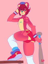 1boy artist_signature baseball_bat baseball_cap bear booty_shorts bulge crobat_(artist) femboy furry green_eyes green_nipples iggy_(crobat) male_only nipples pink_background red_hair shoes sneakers socks thick_lips thighs topless topless_male trap tube_socks ursid ursine