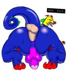 2020 anal anal_sex anthro ass balls big_butt bodily_fluids claws colorful dialogue disembodied_penis dragon duo english_text genitals half-closed_eyes hi_res kiffy_(artist) looking_pleasured male male/male male_penetrated male_penetrating male_penetrating_male multicolored_body narrowed_eyes open_mouth penetration penis pink_penis red_claws scales simple_background sketch space_funeral swamptrogg sweat text thick_thighs tongue tongue_out video_games