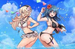 2girls bare_legs big_ass bikini black_bikini black_hairband black_swimsuit blue_eyes blue_hair blue_sky breasts byleth_(fire_emblem) byleth_(fire_emblem)_(female) byleth_(summer)_(fire_emblem)_(female) cleavage cloud collaboration corrin_(fire_emblem) corrin_(fire_emblem)_(female) corrin_(summer)_(fire_emblem)_(female) dagger day female female_only fire_emblem fire_emblem:_three_houses fire_emblem_fates fire_emblem_heroes flower flower_in_hair from_side hair_flower hair_ornament hairband highres knife large_ass large_breasts long_hair looking_to_the_side multiple_girls nintendo oerba_yun_fang one_eye_closed open_mouth patdarux raydango red_eyes red_flower sheath sheathed sky swimsuit teal_hair thick_thighs thigh_strap twitter_username wading water weapon white_bikini white_hair white_swimsuit wide_hips wreath