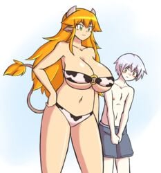 1boy 1boy1girl 1girls amber_eyes bandeau bandeau_bikini cow_bikini cow_ears cow_girl cow_horns cow_print cow_tail cowgirl female front-tie_top green_eyes height_difference hucow long_hair miranda_(paulgq) orange_hair paulgq size_difference smaller_male strapless strapless_bikini strapless_bra swimming_trunks white_hair