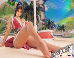 1girls 3d 3d_(artwork) bare_arms bare_legs bare_shoulders barefoot beach blender blender_(software) fatal_fury female female_only hi_res high_resolution highres king_of_fighters lewdality long_hair long_legs mai_shiranui snk solo thick_thighs thighs