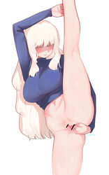 arm_up bar_censor blonde_hair bottomless breasts censored closed_eyes closed_mouth colored_eyelashes commentary female fisting highres kawaikochan large_breasts long_hair long_sleeves original purple_sweater pussy self_fisting simple_background solo splits spread_legs standing standing_on_one_leg sweater vertical_splits white_background