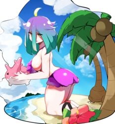 >_< 1girls 2020 ahoge alolan_exeggutor arched_back ass back bangs beach big_ass bikini breasts cloud corsola cyan_hair exeggutor eyes_visible_through_hair feet female flower frilled_bikini frills gradient_hair hair_between_eyes highres holding holding_pokemon humanized large_breasts long_bangs long_hair mareanie mituyota_76 moemon nintendo ocean outdoors palm_tree personification pink_skin pokemon pokemon_(species) pokemon_gsc pokemon_sm purple_bikini purple_hair sandals side_view sideboob sky swimsuit thick_thighs thighs tree white_skin yellow_hair