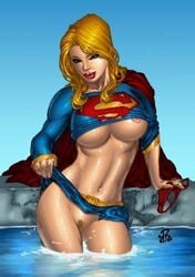 blonde_hair blue_eyes dc deberzer kara_zor-el lifting_skirt pool pussy renato_camilo supergirl underboob wet