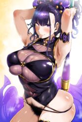 1girls 2020 absurdres armlet armpits arms_up artist_name artist_signature asymmetrical_legwear bangs bare_shoulders black_gloves black_swimsuit blush bottomless breasts clothed covered_navel excessive_pubic_hair fate/grand_order fate_(series) female female_focus female_only female_pubic_hair fingerless_gloves flower gloves gold_trim hair_flower hair_ornament hair_pulled_back hair_up half_gloves hero_neisan high_resolution highleg highleg_swimsuit highres huge_breasts jewelry large_breasts long_hair looking_at_viewer murasaki_shikibu_(fate) murasaki_shikibu_(swimsuit_rider)_(fate) one-piece_swimsuit pubic_hair purple_eyes purple_hair signature single_thighhigh skindentation solo sweat swimsuit thighhighs thighs tied_hair underboob very_high_resolution