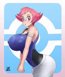 azraelwebster big_breasts clothed_female female female_focus maylene_(pokemon) nintendo nipples nipples_visible_through_clothing pokemon pokemon_dppt short_hair solo solo_female solo_focus