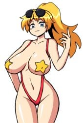 1girls belly blonde_hair blue_eyes female huge_breasts looking_at_viewer navel original original_character pasties paulgq ponytail sling_bikini sling_bikini_aside star_pasties sunglasses_on_head voluptuous yellow_pasties