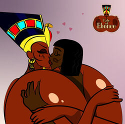 amemu between_breasts big_breasts big_nipples breast_squeeze brown_skin closed_eyes crush dark-skinned_female dark-skinned_male dark_skin egyptian egyptian_headdress gigantic_breasts gradient_background huge_breasts kiss_marks kissing large_breasts newdity queen_titahatenamun_ebonee tale_of_ebonee tan_skin