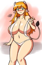 1girls belly blush cow_ears cow_girl cow_horns cow_tail curvy female green_eyes hucow huge_breasts long_hair looking_at_viewer miranda_(paulgq) navel orange_hair original original_character paulpq sling_bikini thick_thighs undressing voluptuous