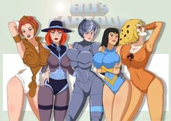 5girls bravestarr breast_squish breasts cheetara cleavage clothing crossover daywalkerrl feline female female_only hi_res judge_jb_mcbride large_breasts masters_of_the_universe multiple_girls princess_ariel_(thundarr_the_barbarian) red_hair silverhawks steelheart teela thundarr_the_barbarian thundercats