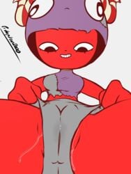 10circles anthro biblii_(10circles) cameltoe demon demon_girl demon_horns limbo_ten_circles low-angle_view panty_pull protopulsar red_skin small_breasts smaller_female smile