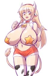 1girls bell_collar belly blonde_hair cow_ears cow_girl cow_horns cow_print_stockings cow_tail female gigantic_breasts golden_eyes hucow long_hair navel orange_pasties original original_character pasties paulgq short_shorts slave slave_collar slavegirl star_pasties voluptuous