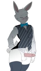 1boy balls blush bottomless bowtie dress_shirt glasses lagomorph male male_only munks_(artist) penis shadow shirt_pull testicles thighhighs transparent_background vest