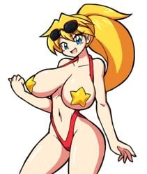 1girls belly blonde_hair blue_eyes curvy female long_hair looking_at_viewer navel original original_character pasties paulgq sling_bikini sling_bikini_aside star_pasties sunglasses_on_head thick_thighs voluptuous yellow_pasties