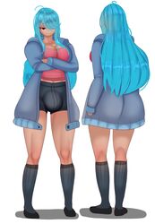 1futa blue_hair breasts bulge cleavage clothed clothing crossed_arms dickgirl fladdy fladdykin fully_clothed futa_only futanari hair_over_one_eye half-closed_eyes human human_only jacket kneehighs long_hair long_socks looking_at_viewer one_eye_covered penis_under_clothes shorts solo