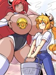 1boy 1boy1girl 1girls amber_eyes blonde_hair blue_eyes blush breasts_out bucket cow_boy cow_ears cow_girl cow_horns cow_tail dark-skinned_female farm farmhand female fingerless_gloves gold_pasties height_difference holding_breast hucow huge_breasts imminent_lactation imminent_milking long_gloves long_hair nipple_covers original original_characters pasties paulgq ponytail red_hair size_difference voluptuous women_livestock