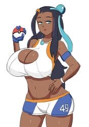 1girls big_breasts blue_eyes blue_hair dark-skinned_female dark_skin female holding_poke_ball huge_breasts large_breasts minishorts nessa_(pokemon) nintendo pokemon pokemon_ss rexcrash64 shorts thick_thighs two_tone_hair white_background