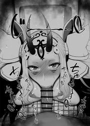 1boy :>= bangs bar_censor black_and_white blush breasts censored cute dark-skinned_male deepthroat_mark deepthroat_smile demon_girl detailed_background eye_contact fate/grand_order fate_(series) fellatio female from_above greyscale hair_ribbon horns ibaraki_douji_(fate) indoors japanese_text kurotama long_hair looking_at_viewer monochrome naughty_face oni oni_horns oral oral_sex pointless_censoring pov puffy_nipples ribbon saliva saliva_trail sketch skinny small_breasts solo_focus sound_effects squatting straight teenager text tile_floor tiles toilet upturned_eyes