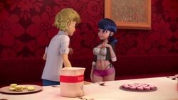 1boy 1girls 3d adrien_agreste big_breasts breasts edit ferjuasi marinette_cheng marinette_dupain-cheng miraculous_ladybug nipple_bulge screenshot screenshot_edit tight_clothing