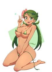 1girls big_breasts dark-skinned_female female female_only green_eyes green_hair long_hair long_twintails mallow_(pokemon) nintendo nipples pokemon pokemon_sm robert_m solo thick_thighs