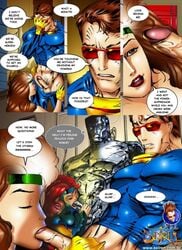 2boys 2girls anna_marie brown_hair colossus comic cyclops_(x-men) fellatio glasses gloves hand_on_penis headband jean_grey marvel marvel_comics marvel_girl metal_skin nude oral piotr_rasputin red_hair rogue_(x-men) scott_summers seiren swingers white_streak x-men