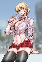 american_school blonde_female blonde_hair blue_eyes breasts cleavage darjeeling gggg girls_und_panzer gyaru high_resolution large_breasts light-skinned_female lollipop looking_at_viewer microskirt midriff necktie necktie_between_breasts plaid_skirt slutty_outfit smile stockings thighhighs thighs thong_above_skirt thong_straps tied_shirt underwear very_high_resolution