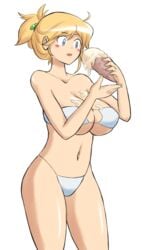 1girls belly bikini blonde_hair female huge_breasts ice_cream ice_cream_cone ice_cream_on_breasts navel original original_character paulgq swimsuit voluptuous white_bikini