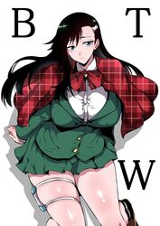 1girls big_breasts black_hair black_text bleach blue_eyes brown_shoes burn_the_witch cape female gggg hair_ornament hair_ribbon large_breasts leg_strap long_hair looking_at_viewer necktie noel_niihashi plaid_neckwear ribbon school_uniform solo sultry_eyes thick_thighs white_background