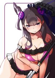 1girls 2020 bangs bikini black_hair breasts cleavage clothing double_bun eyebrows_visible_through_hair fate/grand_order fate_(series) female female_only hair_between_eyes highres holding_umbrella large_breasts leaning_forward long_hair microskirt mituyota_76 murasaki_shikibu_(fate) nail_polish navel pink_bikini pinky_out purple_eyes purple_nails short_twintails simple_background skirt smile solo swimsuit thighs tied_hair twintails umbrella very_long_hair white_background