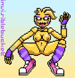 animatronic anthro avian beakless bird bottomless breasts clothing female female_only five_nights_at_freddy's five_nights_at_freddy's_2 invisiblebucket legwear nipples pixel_art presenting pussy robot seductive sneakers socks solo topless toy_chica_(eroticphobia) toy_chica_(fnaf)