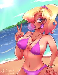 beach big_breasts bikini bikini_bottom bikini_top bimbo bimbofication blonde_hair blue bored bubble_gum eyes gyaru hourglass_figure kyonyuu oppai pink_panties pose posing scrunchie sea seaside summer tan_lines tan_skin tanline tanned thiccster thick_thighs