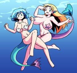 2girls aqua_eyes belly cleavage curvy fish_girl fish_tail huge_breasts large_breasts long_hair micro_bikini navel necklace original original_characters pasties paulgq seashell_bra short_hair starfish_pasties underwater voluptuous