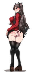 1girls ass blue_eyes breasts condom fate/stay_night fate_(series) filled_condom full_body gggg high_resolution looking_at_viewer looking_back school_uniform skirt skirt_lift solo standing tattoo thighhighs tohsaka_rin tongue_out underwear used_condom very_high_resolution