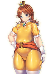 1girls bodysuit female female_only looking_at_viewer mario_(series) nagase_haruhito nipple_bulge orange_bodysuit princess_daisy simple_background skin_tight slightly_chubby small_breasts solo standing thick_thighs thighhighs thighs tight_clothing white_background wide_hips